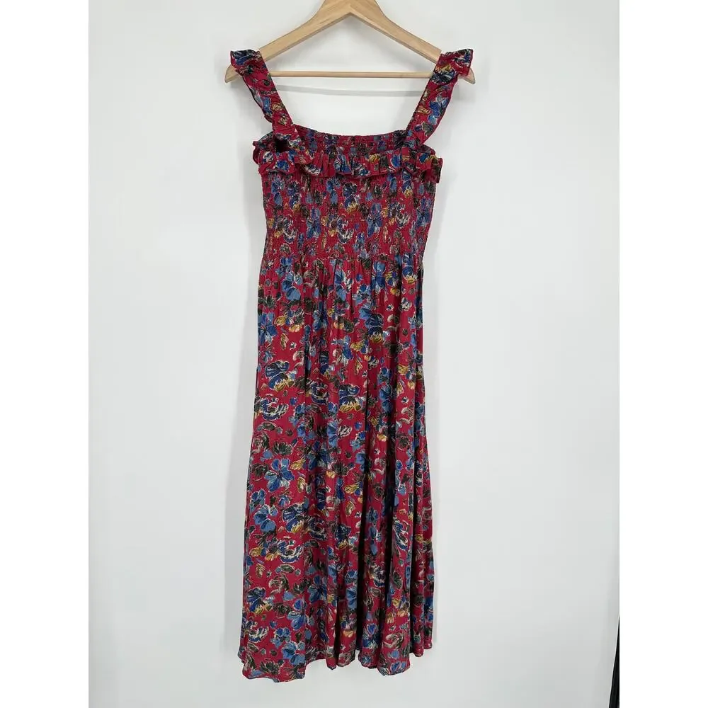 Natural Life Megan Smocked Midi Dress Floral Ruffle Square Neck Sleeveless Boho - Picture 8 of 12